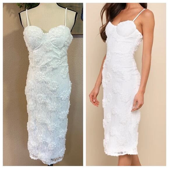 Lulus Dresses & Skirts - NWOT Lulus Sultry Romantic White Lace Textured Bustier Bodycon Midi Dress